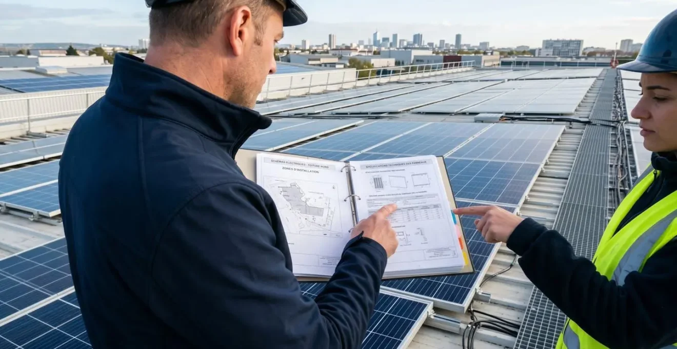 Chef d'entreprise consultant une tablette sur une toiture industrielle équipée de panneaux photovoltaïques, vue de profil dans un environnement contemporain
