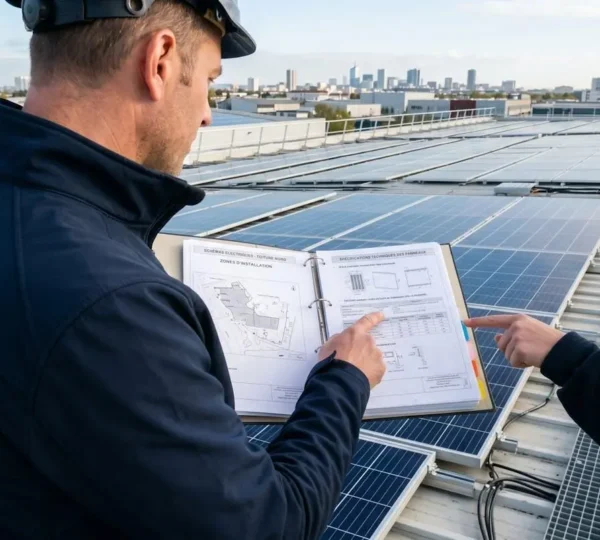 Chef d'entreprise consultant une tablette sur une toiture industrielle équipée de panneaux photovoltaïques, vue de profil dans un environnement contemporain