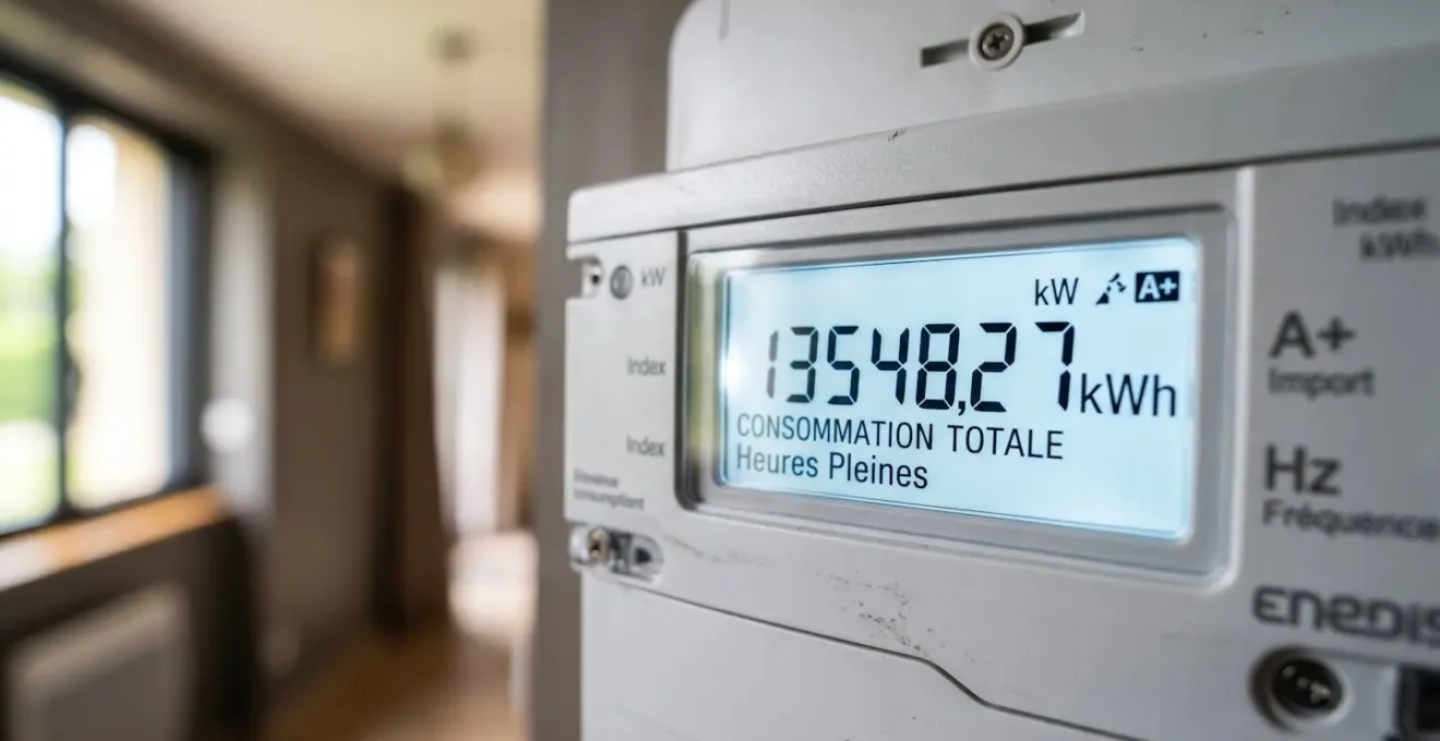 Gros plan sur un compteur électrique Linky affichant des données de consommation en kWh, avec effet de profondeur de champ sur l'environnement moderne