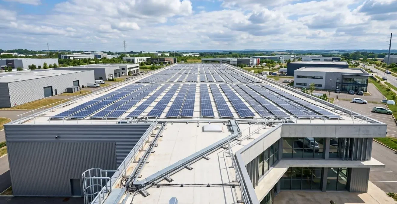 Vue grand angle d'une toiture industrielle équipée d'une installation photovoltaïque moderne, bâtiment contemporain français sous lumière naturelle