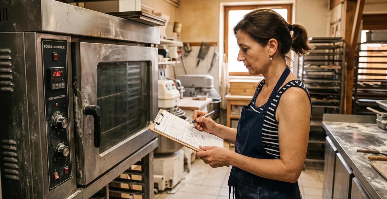 Une boulangère relève la consommation électrique de son four dans son atelier.