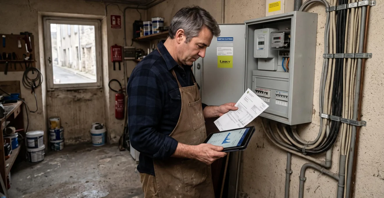 Un dirigeant compare une facture d'électricité et son tableau près d'un compteur.