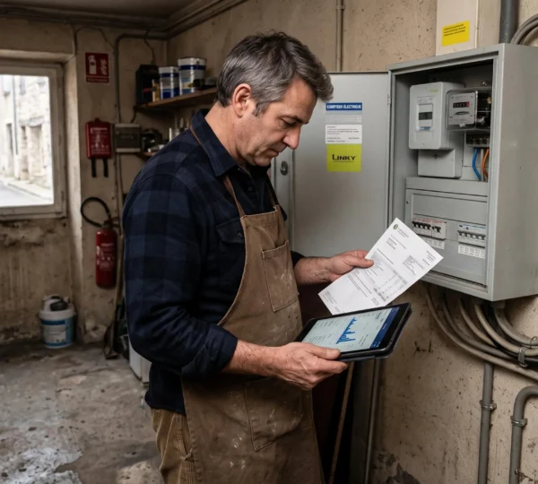 Un dirigeant compare une facture d'électricité et son tableau près d'un compteur.