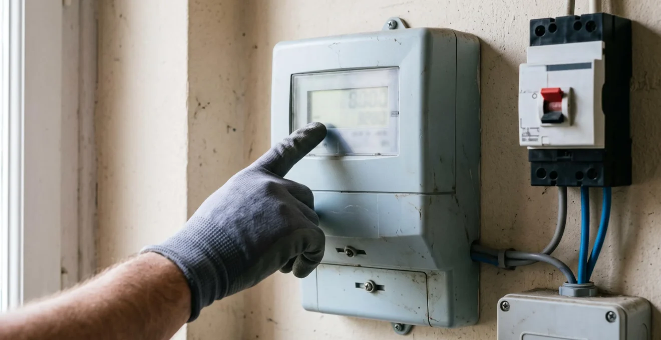 Un technicien pointe l'index d'un compteur électrique dans un local technique.